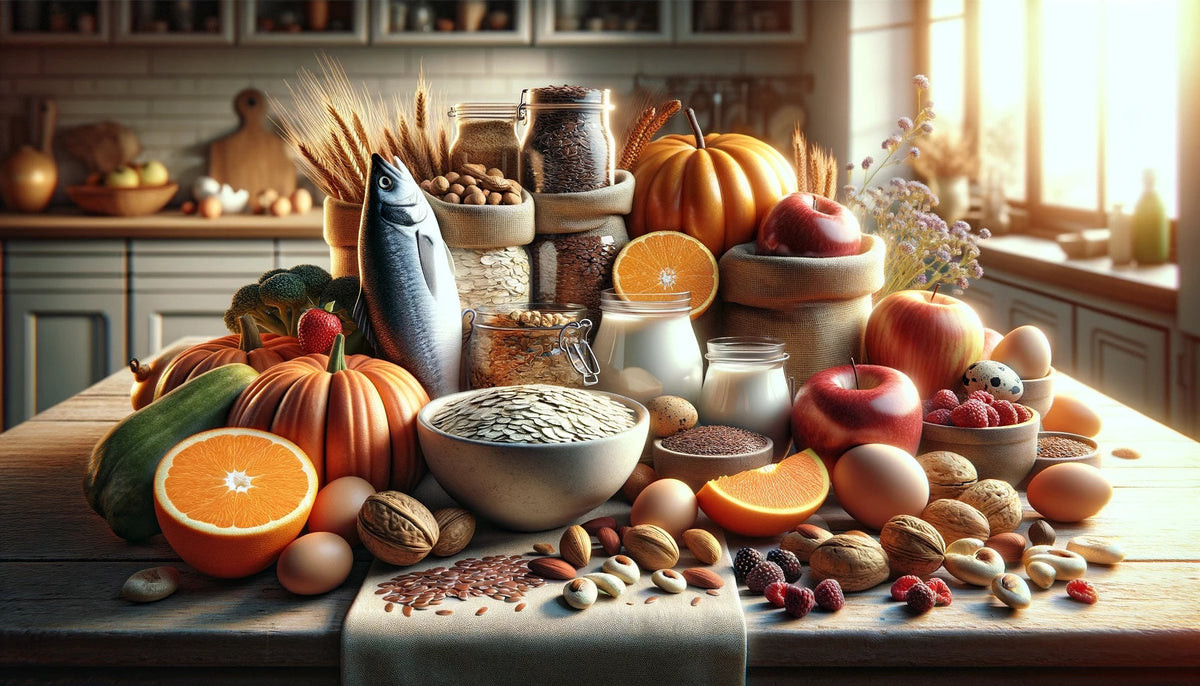 A variety of healthy foods: fish, citrus fruits, beans, oats, flaxseed, pumpkin, nuts, eggs, yoghurt, and apples